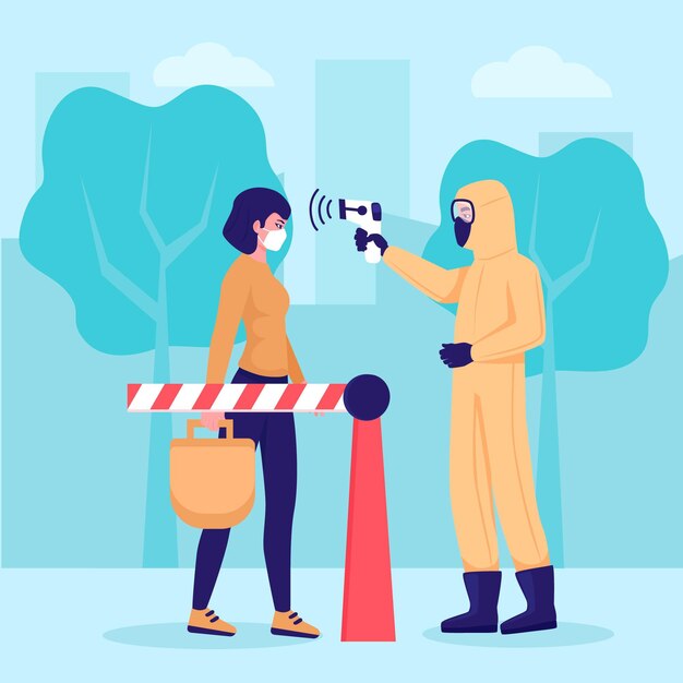 Comprobación de la temperatura corporal en áreas públicas ilustración