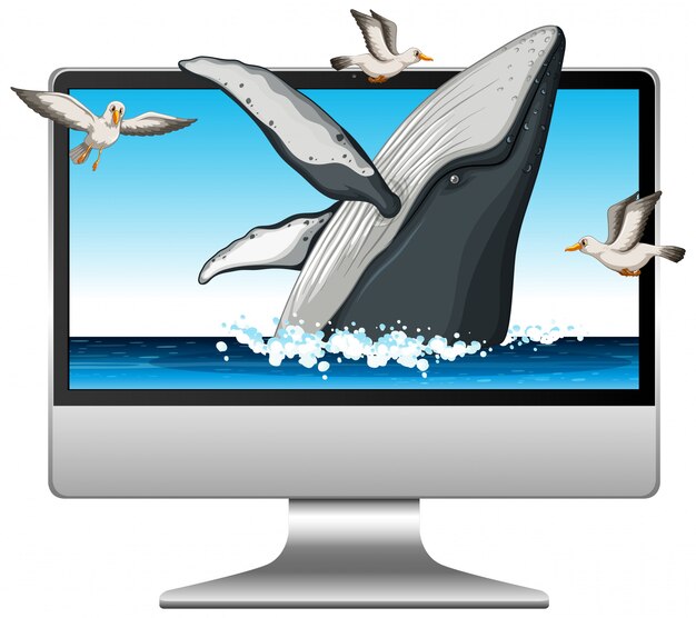 Computadora con ballena en pantalla