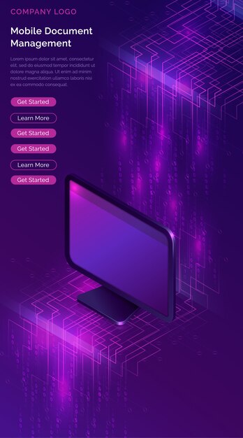 Computadora con banner isométrico de flujo de datos grandes