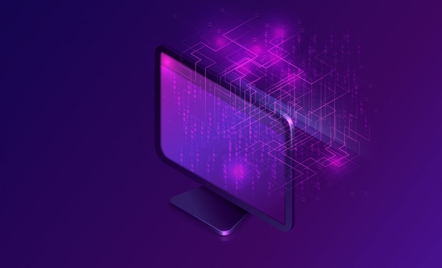 Computadora con banner isométrico de flujo de datos grandes