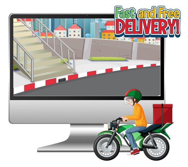 Computadora con bici o mensajero y logotipo de entrega rápida y gratuita