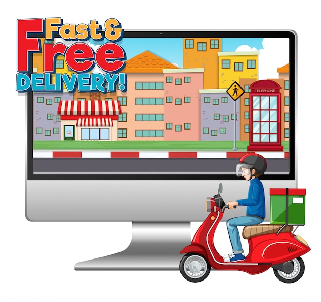 Computadora con bici o mensajero y logotipo de entrega rápida y gratuita