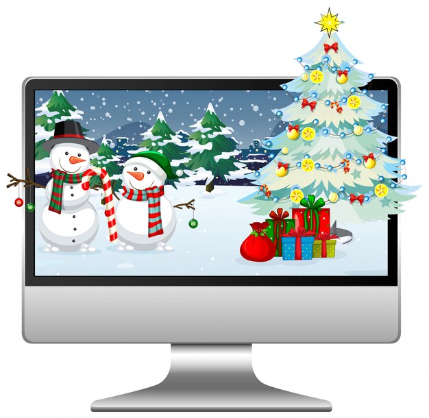 Computadora con fondo de escritorio de tema de navidad de invierno