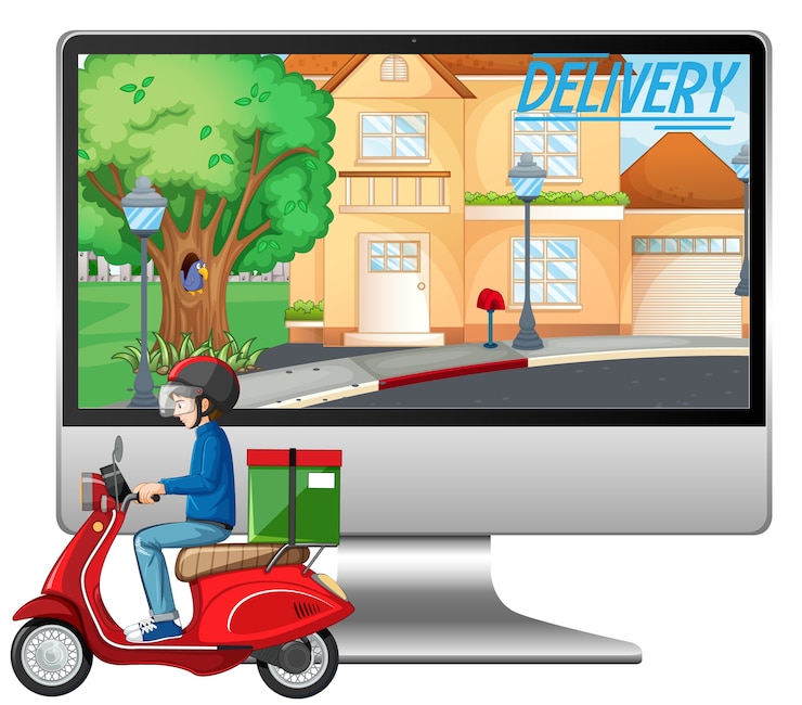 Vector gratuito computadora con hombre de bicicleta o mensajero y logotipo de entrega