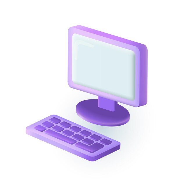 Computadora con icono de teclado en estilo 3d. PC realista colorida con monitor en blanco en la ilustración de vector plano de fondo blanco. Ciberespacio, internet, dispositivo, gadget, concepto de tecnología