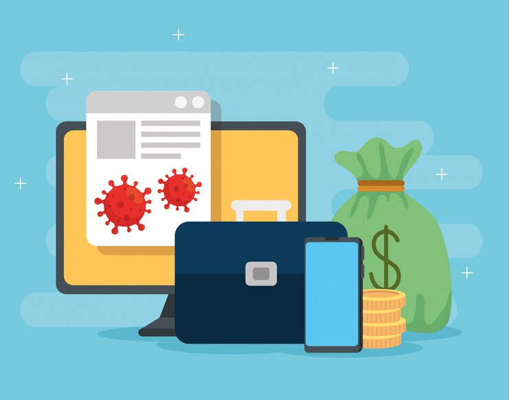Vector gratuito computadora con íconos de impacto económico por covid 2019