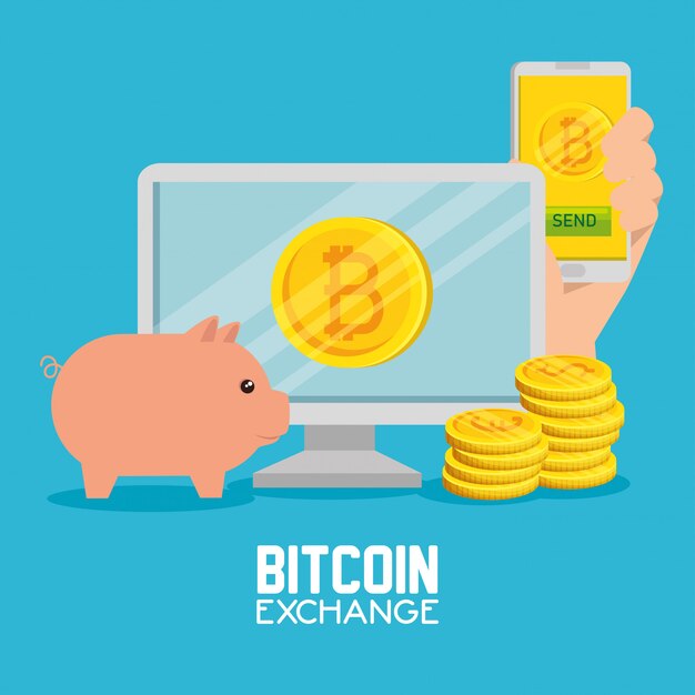 Computadora con intercambio de teléfonos inteligentes bitcoin moneda y cerdo