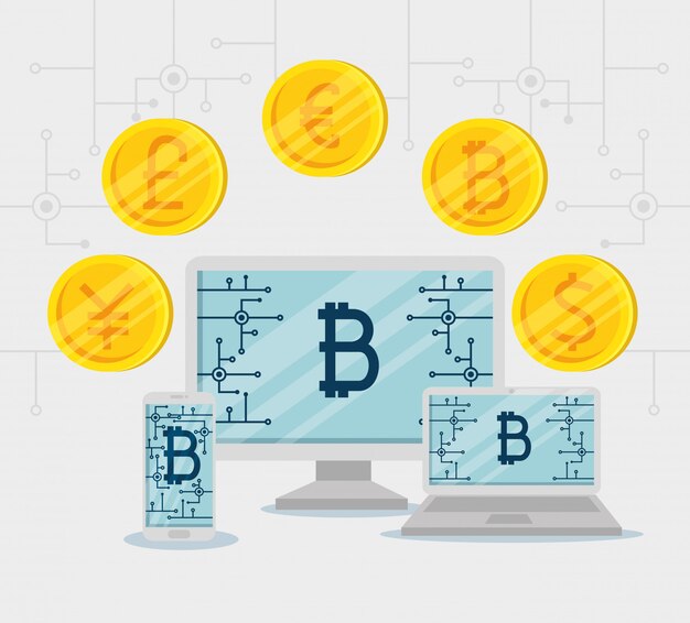 Computadora con laptop y teléfono inteligente intercambian monedas