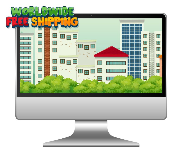 Vector gratuito computadora con logotipo de envío gratuito en todo el mundo