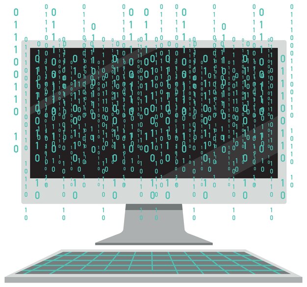 Computadora con pantalla de código binario