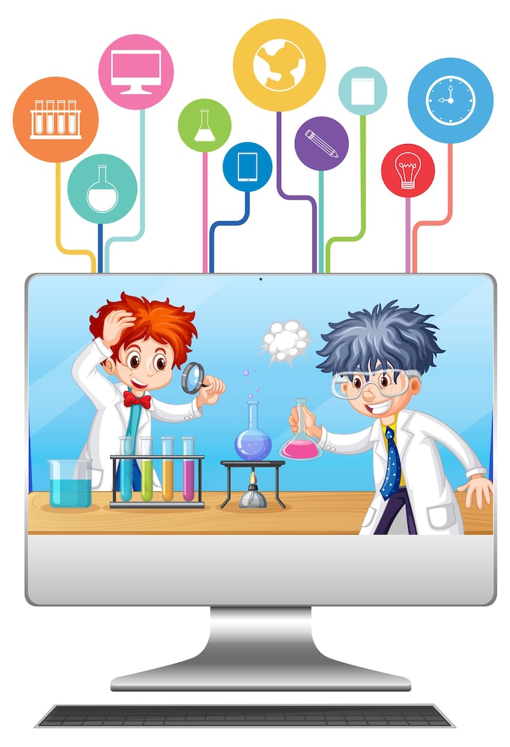 Vector gratuito computadora con personaje de dibujos animados de niño científico