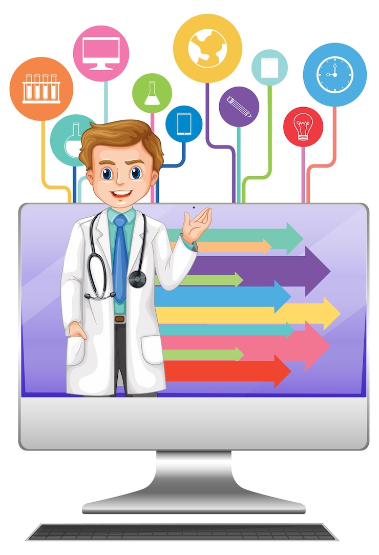 Vector gratuito computadora con personaje de doctor.