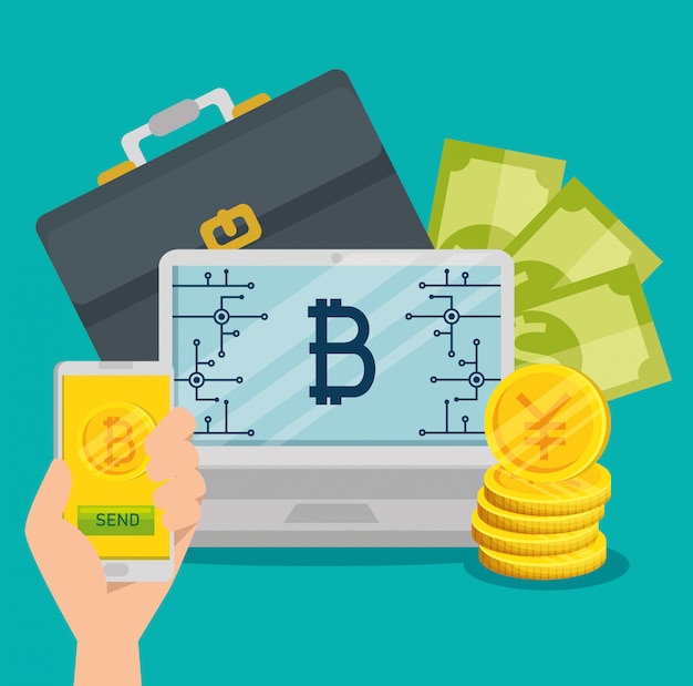 Computadora portátil y teléfono inteligente con moneda bitcoin y billetes