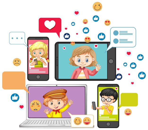Computadora portátil y teléfono inteligente o herramientas de aprendizaje con estilo de dibujos animados de icono de emoji de redes sociales aislado sobre fondo blanco