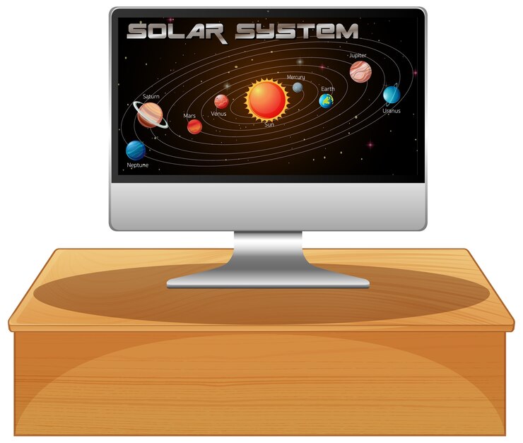Vector gratuito computadora con sistema solar en pantalla