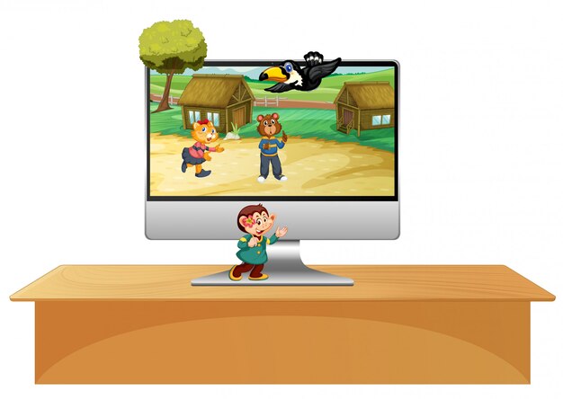 Computadora sobre la mesa con fondo de escritorio de tema animal