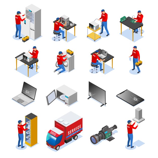 Computadora tabletas dispositivos electrónicos de audio aparatos electrodomésticos y de negocios reparación centro de servicio conjunto de iconos isométricos