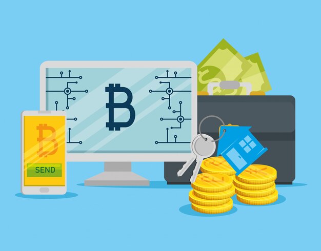 Computadora y teléfono inteligente con moneda electrónica bitcoin