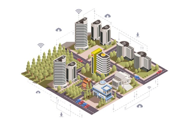Concepto 3d de ciudad inteligente moderna con rascacielos, lugares públicos, carreteras, coches, parque, ilustración isométrica