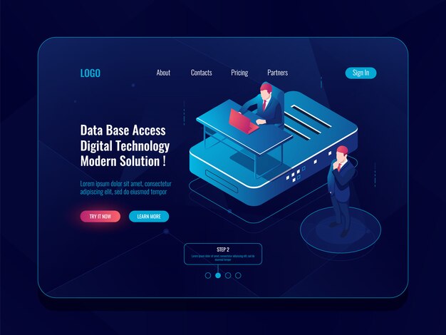 Concepto de acceso a la base de datos, icono isométrico de la sala de servidores, soporte de hosting, administrador del sistema, computadora portátil