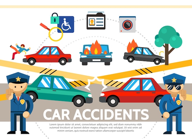 Concepto de accidente automovilístico plano con peatón accidente automovilístico golpe quema automóviles cámara de video de vigilancia policial