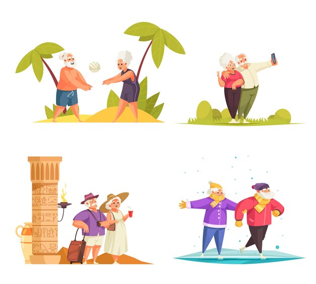 Concepto de actividad física de personas mayores 4 composiciones de dibujos animados con patinaje de viaje jugando voleibol de playa parejas ilustración