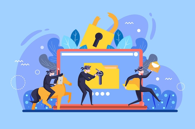 Concepto de actividad hacker con hombres y computadora portátil