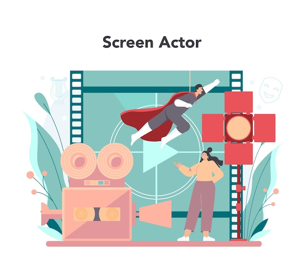 Vector gratuito concepto de actor y actriz miembro del elenco de producción de películas actuación frente a la cámara profesión creativa moderna ilustración plana vectorial