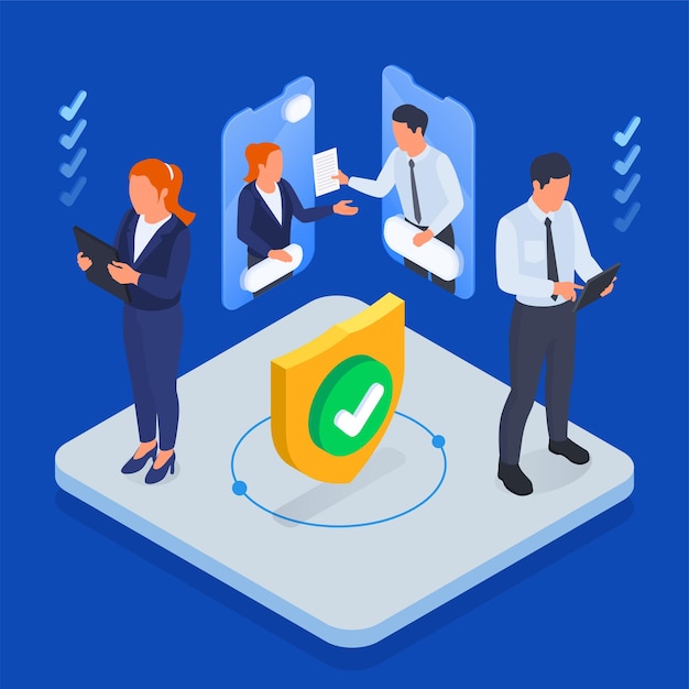 Concepto de acuerdo de contrato electrónico con personas de negocios que firman documentos en línea sobre fondo azul 3d ilustración vectorial isométrica