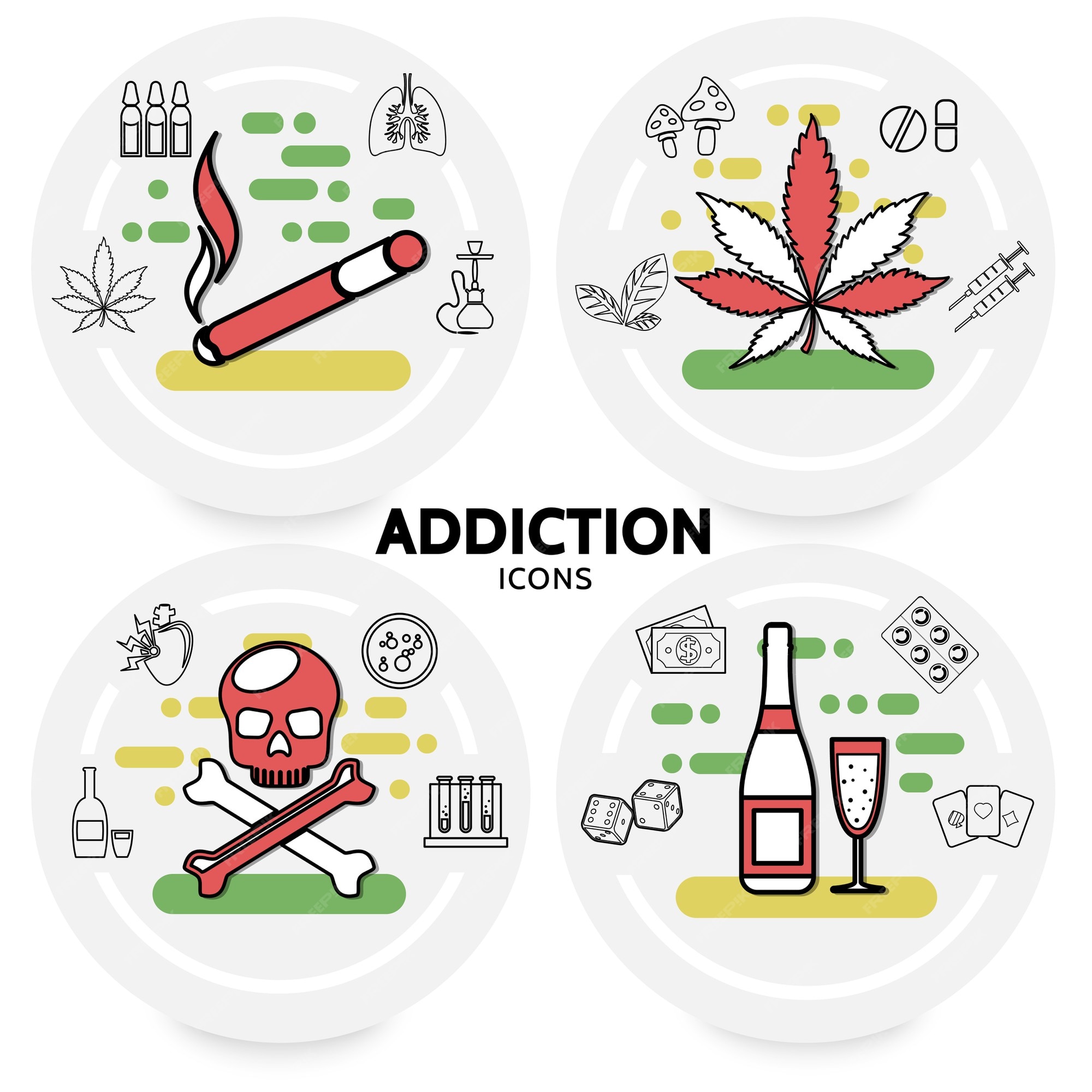 Concepto de adicciones nocivas con cigarrillos marihuana deja pulmones  enfermos cachimba cráneo alcohol dinero dados | Vector Gratis