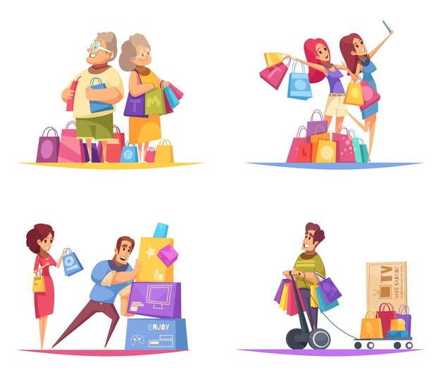 Concepto de adicta a las compras con composiciones de personajes humanos de coloridos dibujos animados con productos en cajas de colores