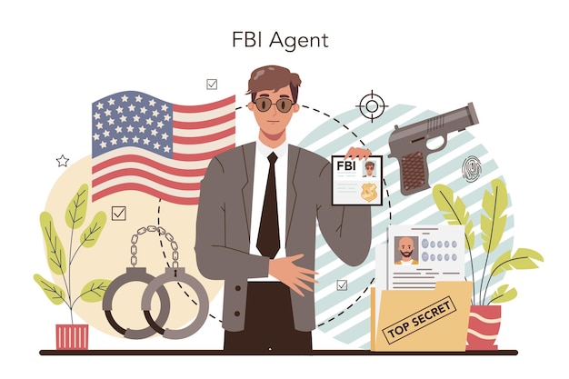 Concepto de agente del FBI Oficial de policía o inspector que investiga el crimen Protección de ciberataque de espionaje y terrorismo Ilustración de vector plano aislado