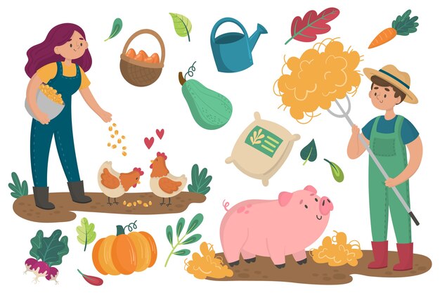 Concepto de agricultura ecológica con animales y plantas.