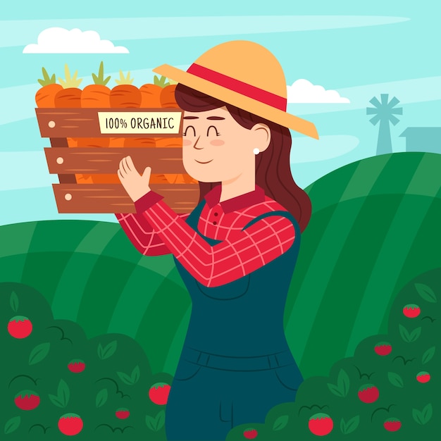 Vector gratuito concepto de agricultura ecológica con caja de zanahoria
