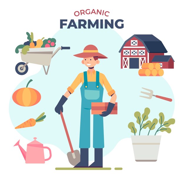 Concepto de agricultura ecológica con hombre y plantas.