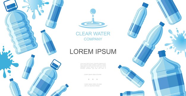 Concepto de agua potable plana con botellas de plástico de agua pura y salpicaduras de líquidos