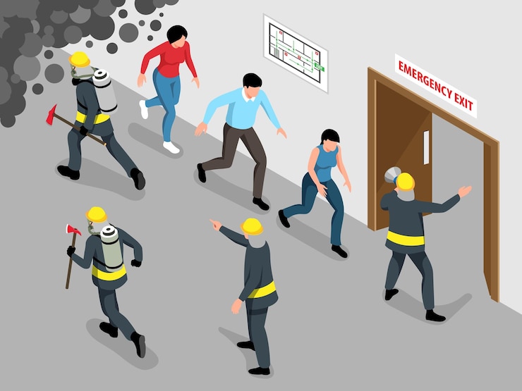 Vector gratuito concepto de alarma de evacuación isométrica con ilustración de vector de bomberos