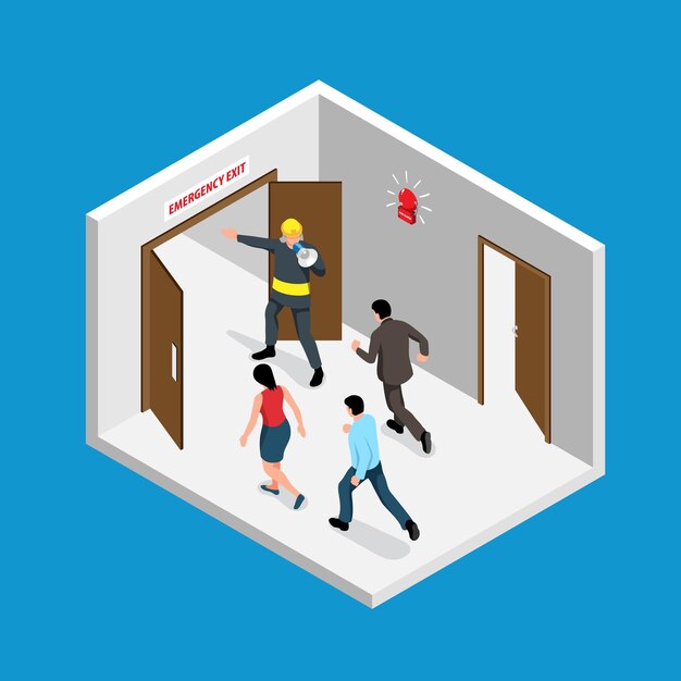 Concepto de alarma de evacuación isométrica con personas que se quedan sin ilustración vectorial