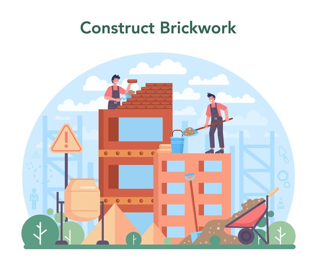 Concepto de albañil Constructor profesional construyendo una pared de ladrillo con herramientas y materiales Proceso de construcción de viviendas Ilustración de vector plano aislado