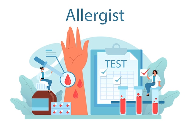 Vector gratuito concepto de alergólogo enfermedad con síntoma de alergia alergología médica pruebas de diagnóstico y tratamiento cuidado de la salud ilustración vectorial en estilo plano