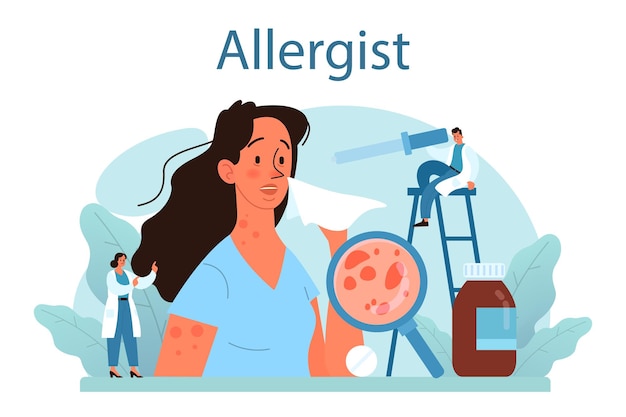 Vector gratuito concepto de alergólogo enfermedad con síntoma de alergia alergología médica pruebas de diagnóstico y tratamiento cuidado de la salud ilustración vectorial en estilo plano