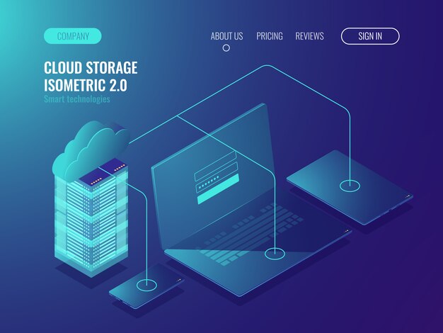 Concepto de almacenamiento en la nube, transferencia de datos. Sala de servidores, centro de datos grandes
