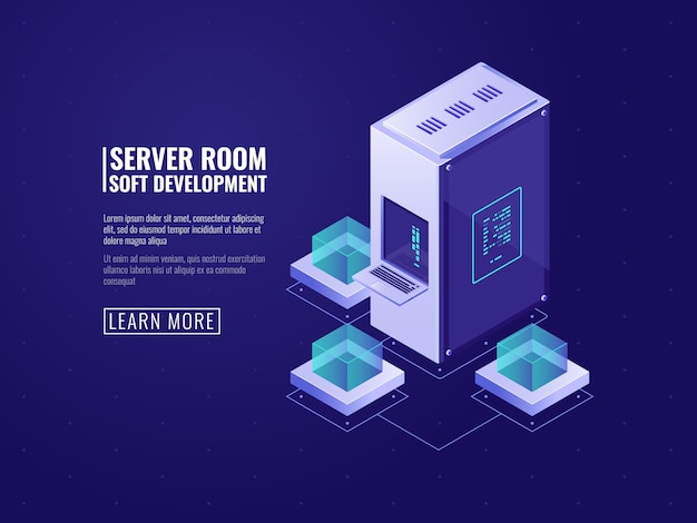 Vector gratuito concepto de almacenamiento en sala de servidores y nube de datos, centro de datos isométrico con conexión a base de datos