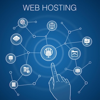 Concepto de alojamiento web, fondo azul nombre de dominio, ancho de banda, base de datos, iconos de internet Vector Premium 