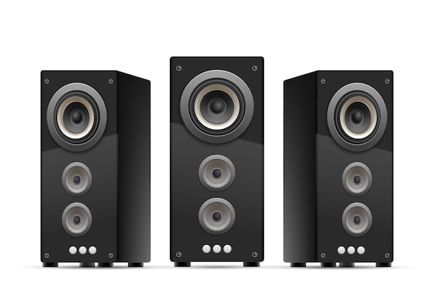 Concepto de altavoces de sonido aislados isométricos tres altavoces grandes en el suelo girados en diferentes direcciones para una mejor ilustración de vector de sonido