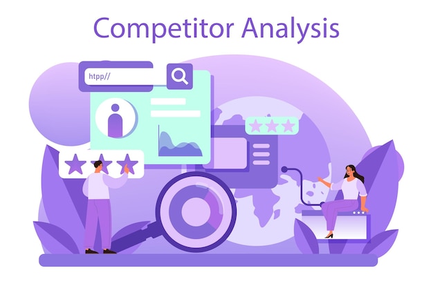 Vector gratuito concepto de análisis de la competencia investigación de mercado y desarrollo de estrategias comerciales sitio de identificación de la competencia ceo y análisis de redes sociales ilustración vectorial aislada