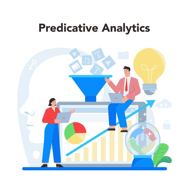 Concepto de análisis de datos grandes de negocios Tecnología de nube de investigación de diagrama de gráfico y gráfico Elaboración de informes para optimización Ilustración plana vectorial