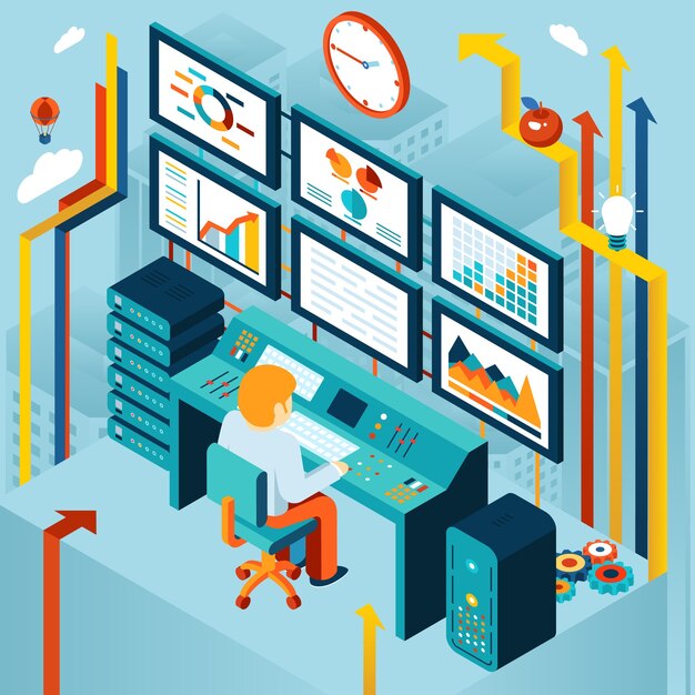 Concepto de análisis financiero y empresarial. Elaboración y diagramación, gráfica y dinámica, económica y financiera. Ilustración vectorial