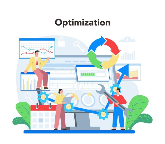 Concepto de analista de sitios web Mejora de la página web para la promoción y optimización de negocios Análisis del sitio web para obtener datos para SEO Ilustración plana aislada