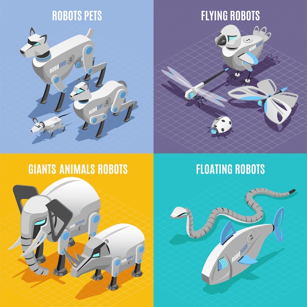 Concepto de animales robots 4 coloridos iconos isométricos cuadrados con mascotas automatizadas insectos peces serpiente